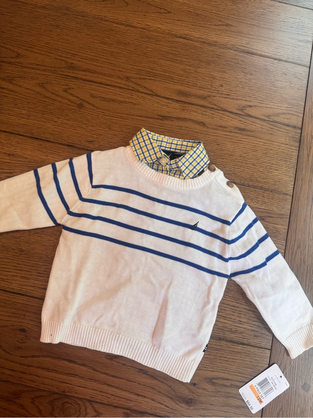 Baby Boys Nautica White-Blue Striped Sweater w/ Yellow-Blue Check Collar Shirt